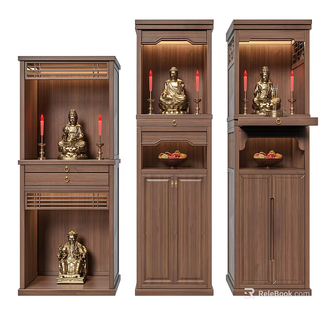 Wooden Brown Buddhist Shrine Cabinet With Golden Buddha Statue Red Candles Drawers And Doors 3d model 