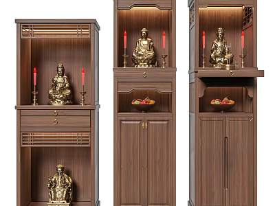 Wooden Brown Buddhist Shrine Cabinet With Golden Buddha Statue Red Candles Drawers And Doors 3d model