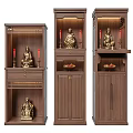 Wooden Brown Buddhist Shrine Cabinet With Golden Buddha Statue Red Candles Drawers And Doors