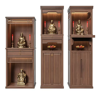Wooden Brown Buddhist Shrine Cabinet With Golden Buddha Statue Red Candles Drawers And Doors 3d model