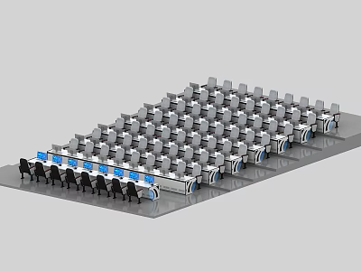 Large Conference Room Interior With Rows of Computer Desks and Black Chairs 3d model