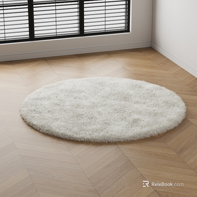 White Fluffy Round Rug on Wooden Floor Near Window in Room Interior 3d model 