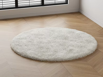 White Fluffy Round Rug on Wooden Floor Near Window in Room Interior 3d model