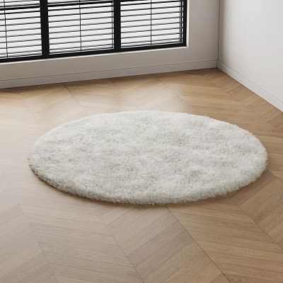 White Fluffy Round Rug on Wooden Floor Near Window in Room Interior 3d model