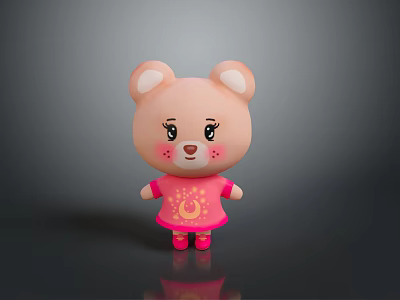 Cute Pink Cartoon Bear Character in Pink Dress with Blush Cheeks and Round Ears 3d model
