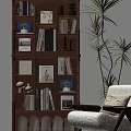 Warm Wooden Bookcase With Multiple Shelves Holding Books Photo Frames Decorative Items And Green Plants