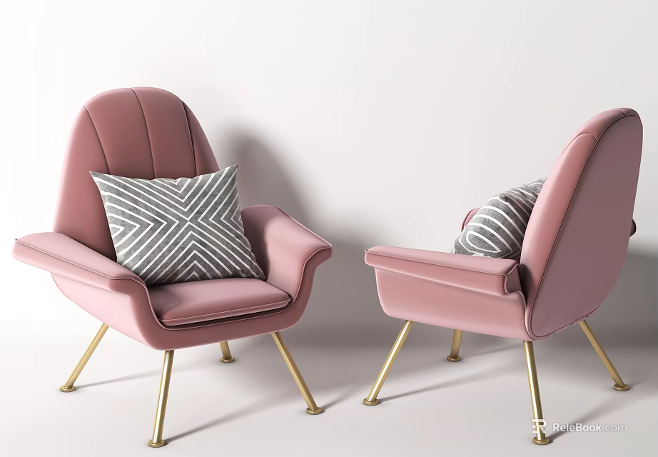 Modern Pink Single Sofas With Brass Legs And Grey Striped Accent Pillows 3d model 