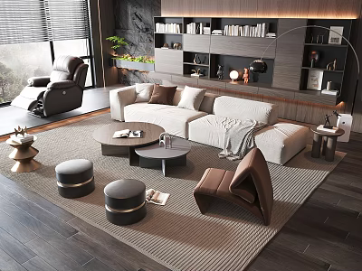 Modern Living Room Interior Design With Sofa Coffee Table Bookshelf And Floor to Ceiling Window 3d model