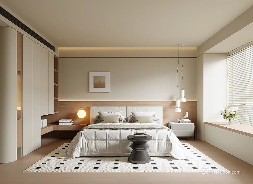 Modern Minimalist Bedroom Interior With Large Bed White Bedding Table Lamps And Patterned Rug 3d model 