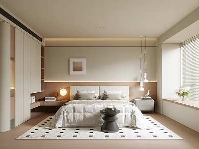 Modern Minimalist Bedroom Interior With Large Bed White Bedding Table Lamps And Patterned Rug 3d model
