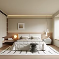 Modern Minimalist Bedroom Interior With Large Bed White Bedding Table Lamps And Patterned Rug