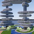 Spiral Shaped Office Building Complex Standing On Waterfront With Green Landscaping