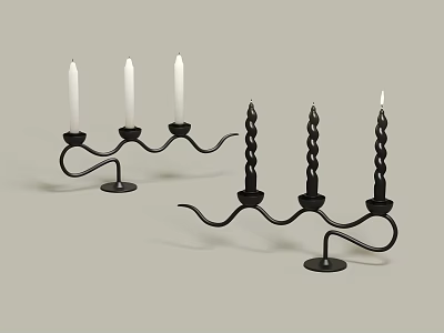 Modern Black Curved Candle Holders With White Straight And Twisted Candles 3d model