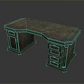 Vintage Wooden Desk Featuring Distressed Surface Drawers And Storage Cabinets