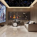 Luxurious Home Theater Interior With Starry Ceiling Brown Walls Sofa Drum Set And Marble Pillar