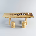 Natural Wood Tea Table with Tea Set Vase and Tree Stump Stools 3d model