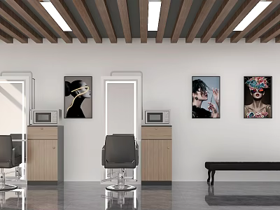 Modern Hair Beauty Salon Interior With Styling Chairs Mirrors Wooden Ceiling And Decorative Artworks 3d model
