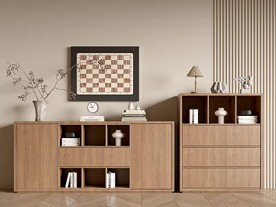Elegant Wooden Console Cabinet And Side Cabinet With Vase Clock Books And Decorative Painting 3d model