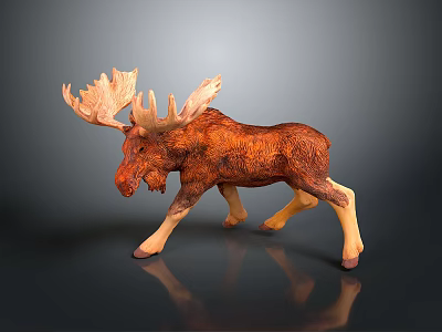 Detailed Brown Moose Figurine With Large Antlers And Standing Pose On Dark Background 3d model