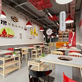 Hotpot Restaurant Interior Design With Red Pendant Lights Wall Decor And Wooden Tables Chairs