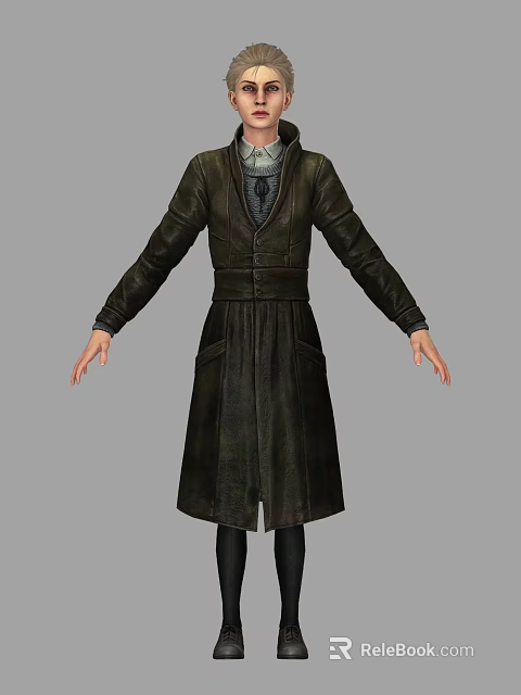 Woman Standing In Long Dark Leather Coat With Arms Relaxed Against Gray Background 3d model 
