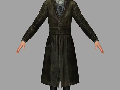Woman Standing In Long Dark Leather Coat With Arms Relaxed Against Gray Background 3d model