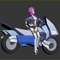 Futuristic Blue And White Motorcycle With Pink Haired Character Holding Helmet