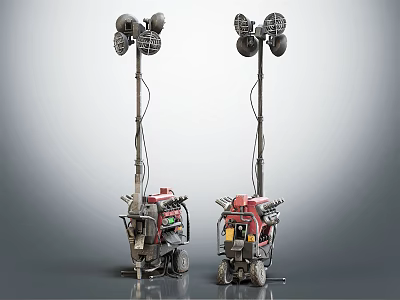 Industrial Portable Lighting Equipment With Red Base Wheels And Multiple Lamp Heads 3d model