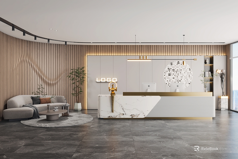 Modern Reception Area With Marble Desk Sofa Plant And LOGO 3d model 