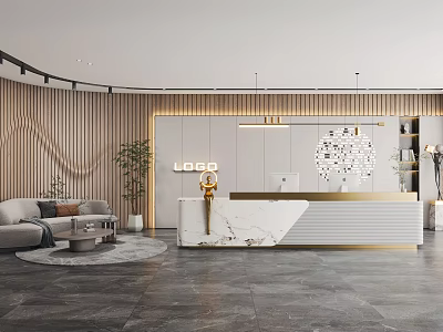 Modern Reception Area With Marble Desk Sofa Plant And LOGO 3d model