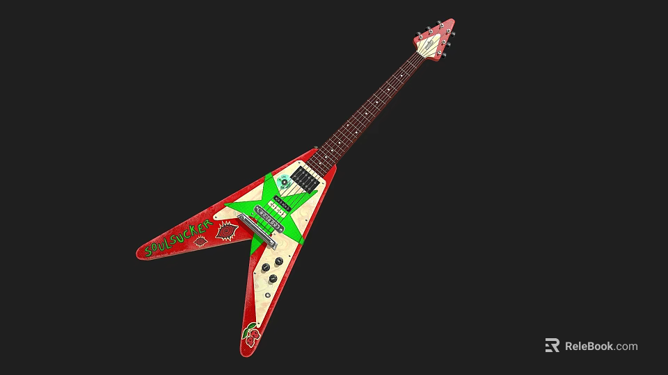 Instrument and Art Supplies Themed Electric Guitar with Red White Triangle Body and Green Accents 3d model 