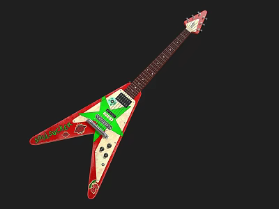Instrument and Art Supplies Themed Electric Guitar with Red White Triangle Body and Green Accents 3d model