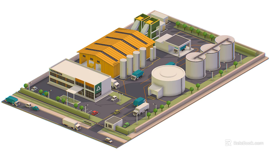 Cartoon Factory Scene With Yellow Roofed Building Storage Tanks Trucks Roads And Greenery 3d model 