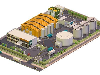 Cartoon Factory Scene With Yellow Roofed Building Storage Tanks Trucks Roads And Greenery 3d model