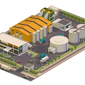Cartoon Factory Scene With Yellow Roofed Building Storage Tanks Trucks Roads And Greenery