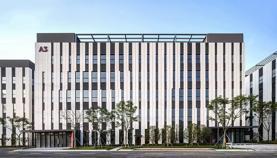 Modern Office Building Exterior With Striped Facade Large Windows And Front Trees 3d model 
