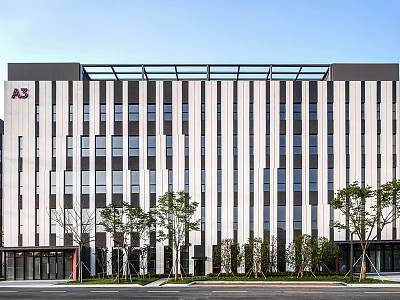 Modern Office Building Exterior With Striped Facade Large Windows And Front Trees 3d model