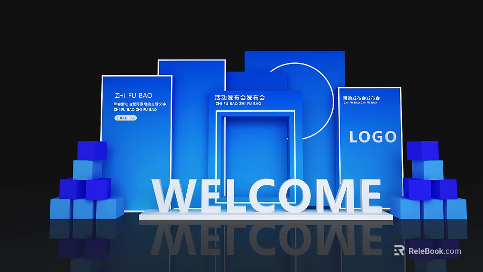 Blue Themed Art Installation With 3D Structure Welcome Sign And Conference Logo 3d model 