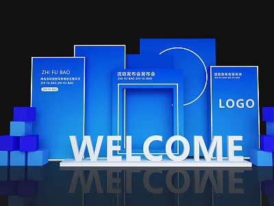 Blue Themed Art Installation With 3D Structure Welcome Sign And Conference Logo 3d model
