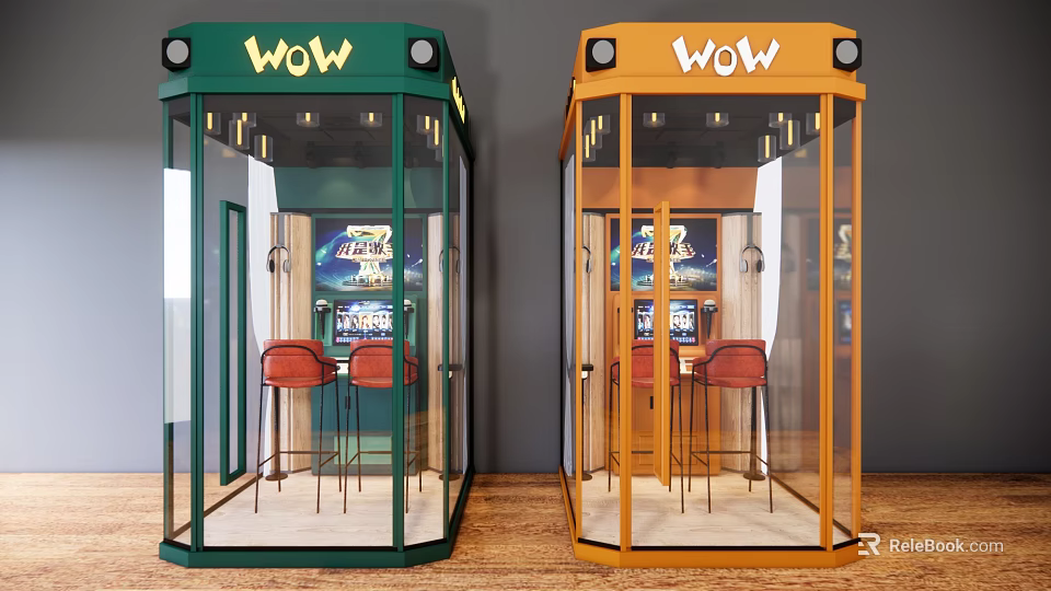 Musical Instruments And Art Supplies Display In Green And Orange Glass Enclosures With Red Chairs 3d model 