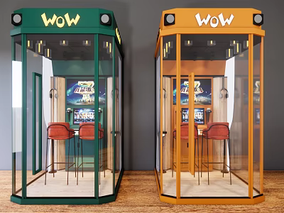 Musical Instruments And Art Supplies Display In Green And Orange Glass Enclosures With Red Chairs 3d model
