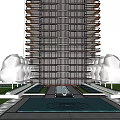 Tall Residential Building with Water Feature Surrounded by Trees Under Blue Sky and White Clouds