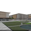 Modern School Buildings On Green Campus With Blue Sky And Lawn Area