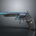 Futuristic Revolver Featuring Black Metallic Body Blue Glowing Accents Dark Grip And Gold Emblem