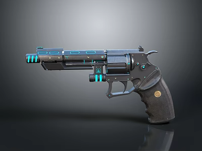 Futuristic Revolver Featuring Black Metallic Body Blue Glowing Accents Dark Grip And Gold Emblem 3d model