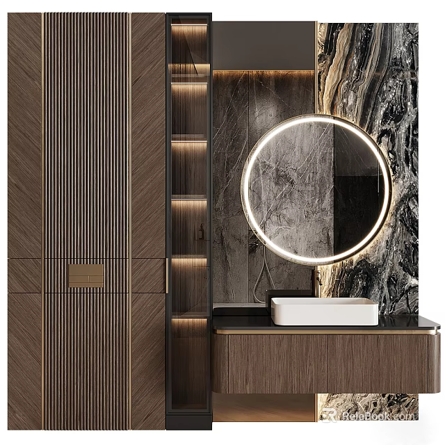 Elegant Modern Bookcase Interior Design With Wooden Panels And Integrated Lighting 3d model 