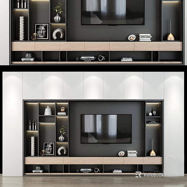 Modern TV Wall Unit Design With White Wooden Panels Storage Shelves And Decorative Items 3d model 