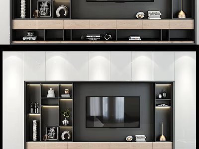 Modern TV Wall Unit Design With White Wooden Panels Storage Shelves And Decorative Items 3d model