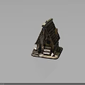 Rustic Countryside Wooden Cottage With Tiled Roof Chimney Wooden Logs And Small Animals