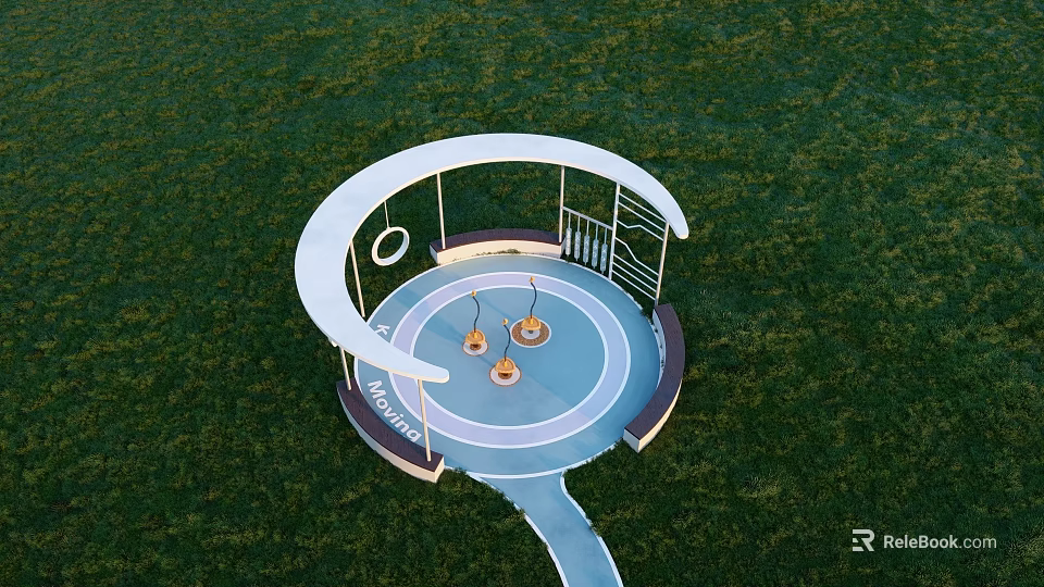 Children's Play Area With Circular Canopy Swings Green Grass And Pathway 3d model 